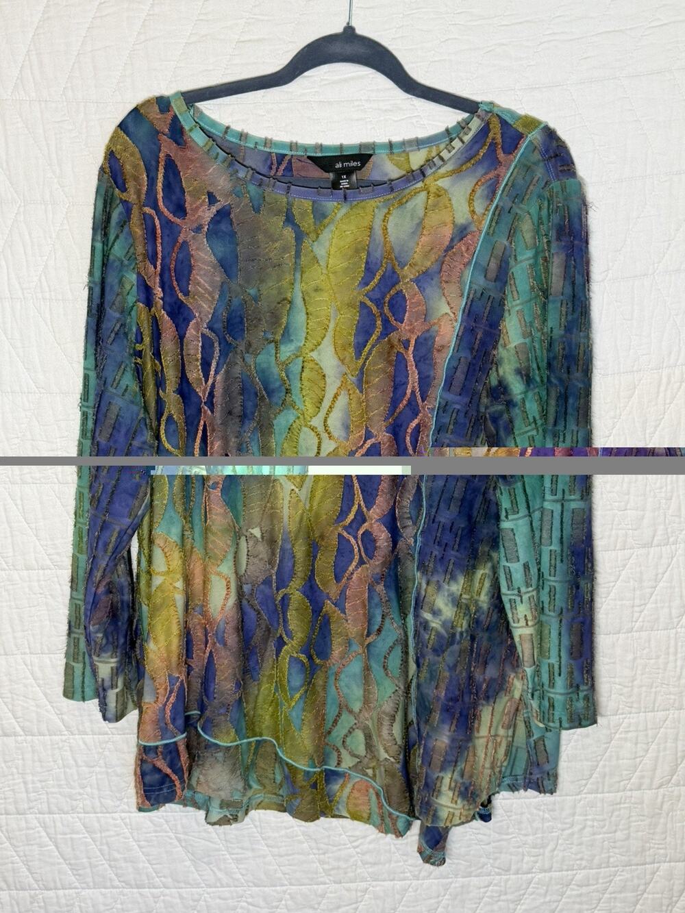 Ali Miles tunic top green blue asymmetrical size 1X round neck women